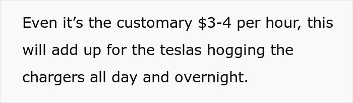 Text discussing Tesla drivers hogging charging stations with added costs.