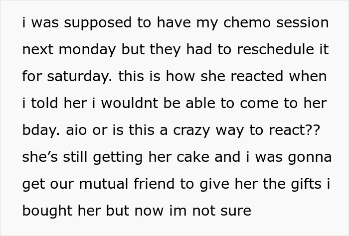 Text conversation about missing a birthday due to rescheduled chemo session.