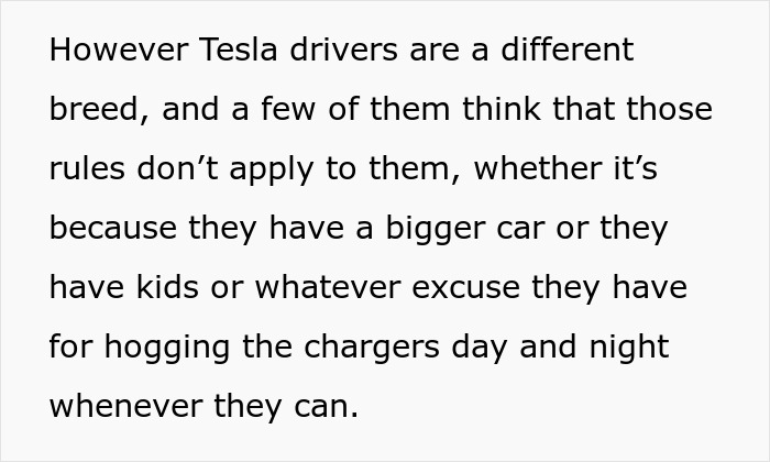 Text discussing Tesla drivers feeling entitled at charging stations.