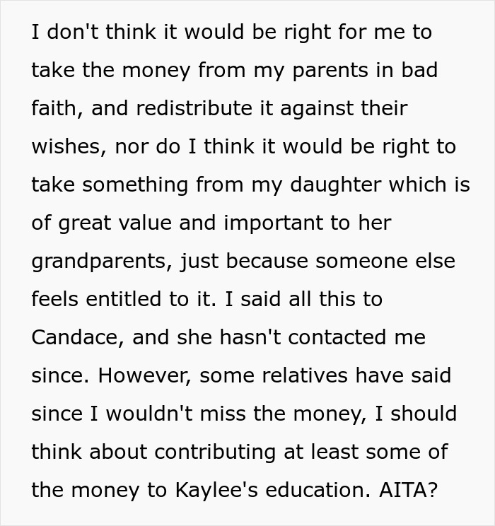 Text about a woman explaining why she won't use her kid's college fund for her brother's stepdaughter.