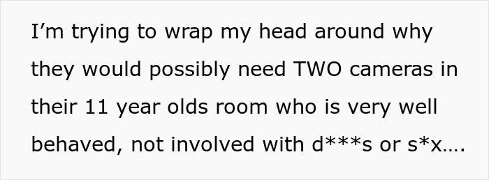 Text questioning why there are two cameras in a child's room, expressing concern.