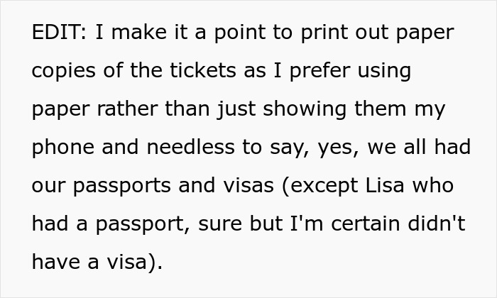 Text discussing travel preparation, highlighting a preference for paper tickets and the absence of a visa for one member.