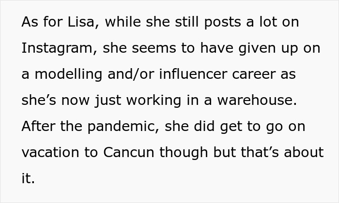 Text about Lisa's shift from influencer career to warehouse work, mentions Instagram activity, Cancun vacation post-pandemic.