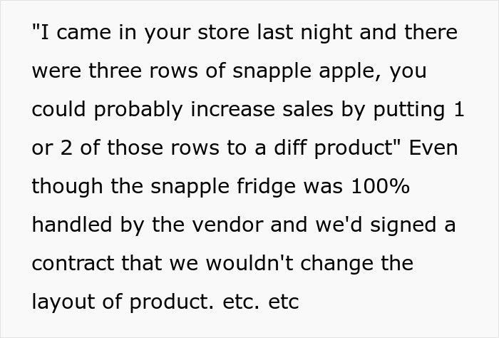 Text excerpt highlighting employee's compliance to a strict store product layout contract with vendor.