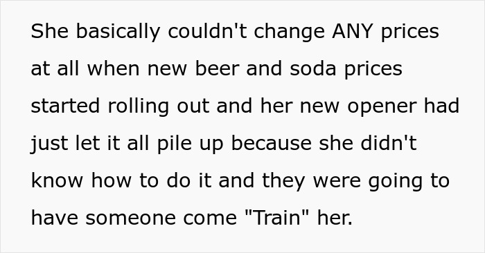 Text description about a female boss unable to change beer and soda prices due to lack of training, leading to complications.