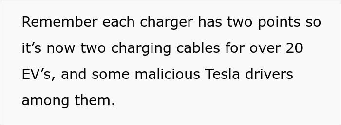 Text highlighting charging points for EVs, noting malicious Tesla drivers.