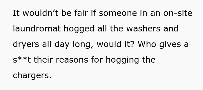 Text comparing laundry and Tesla charger hogging, questioning fairness.