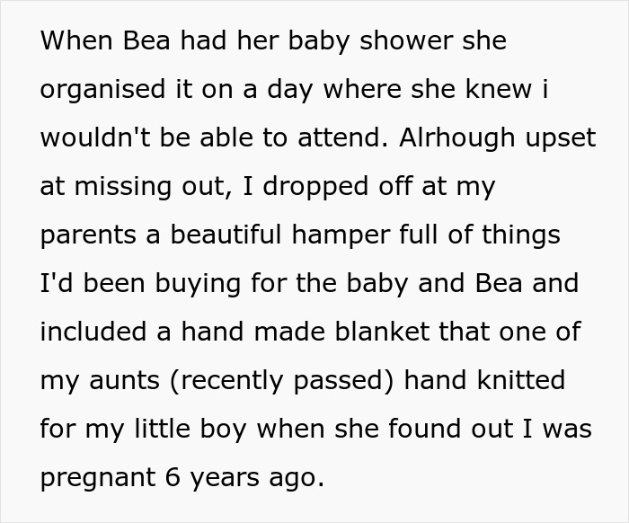 Text about a woman's feelings of exclusion during sister's baby shower due to scheduling conflicts.