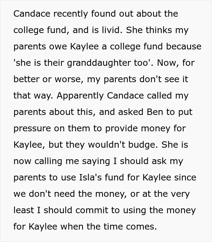 Text about a woman refusing to share her child's college fund with her brother's stepdaughter, causing family conflict.