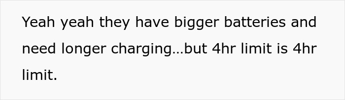 Text discussing Tesla drivers and charging time limits, highlighting a four-hour restriction.