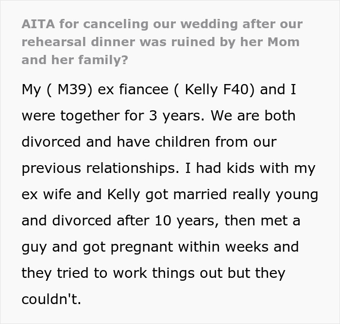 Text post discussing a man canceling wedding due to in-laws' behavior at rehearsal dinner.