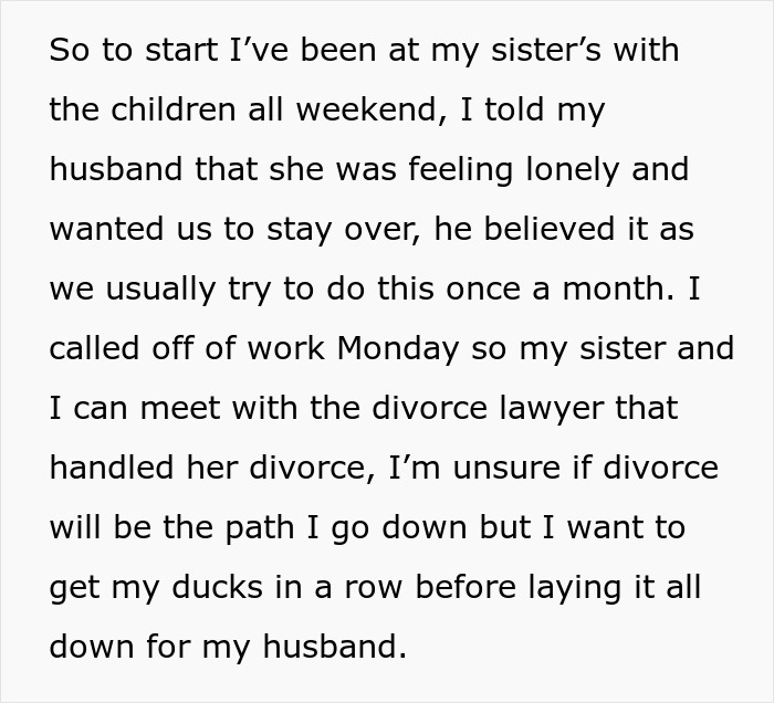 Envíe un mensaje de texto de una historia personal sobre una mujer que visita a su hermana y considerando el divorcio, mencionando a un abogado.