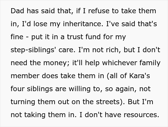 Text discussing the woman's decision regarding the care of her stepsiblings and associated inheritance issues.