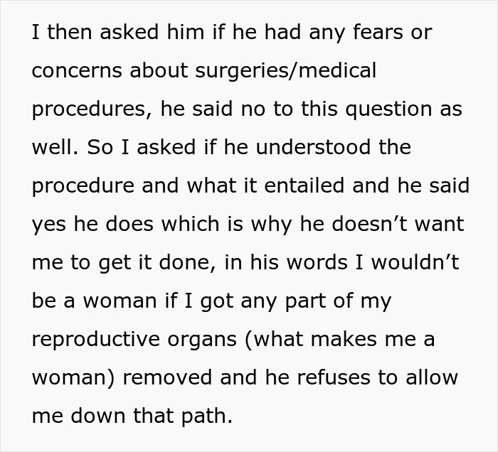 Text discussing sterilization decision against partner's wishes and concerns about surgeries.