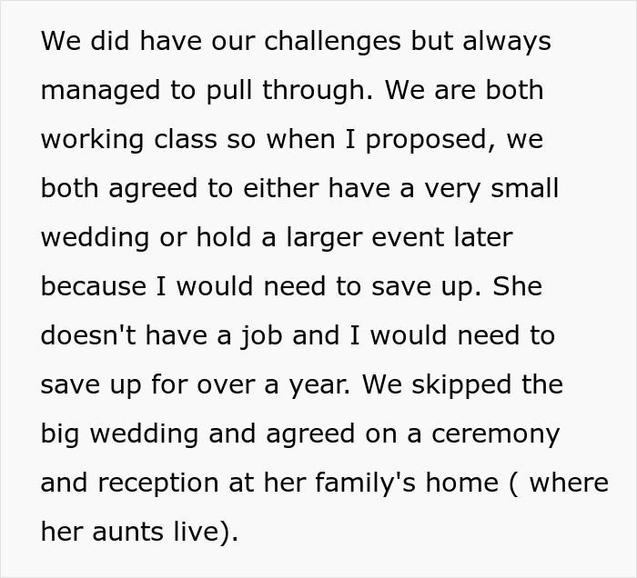 Text describing a couple's decision to have a smaller wedding due to financial constraints.