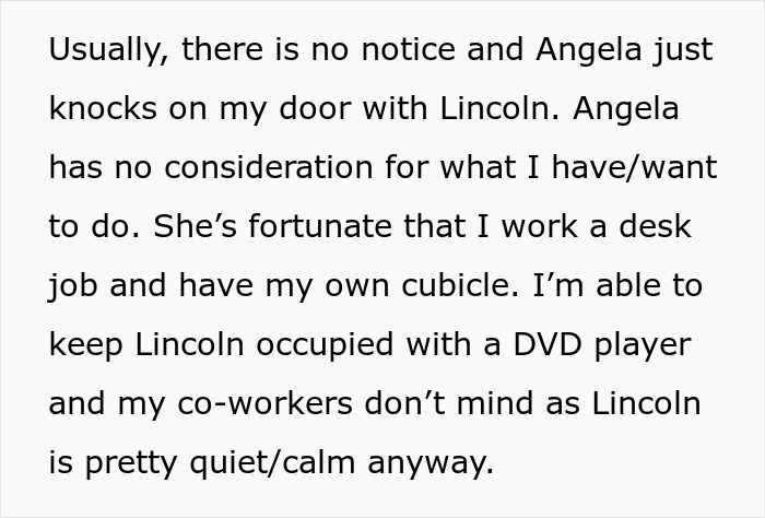 Text discussing daycare issues with a 22-year-old relying on others for babysitting, affecting work-life balance.