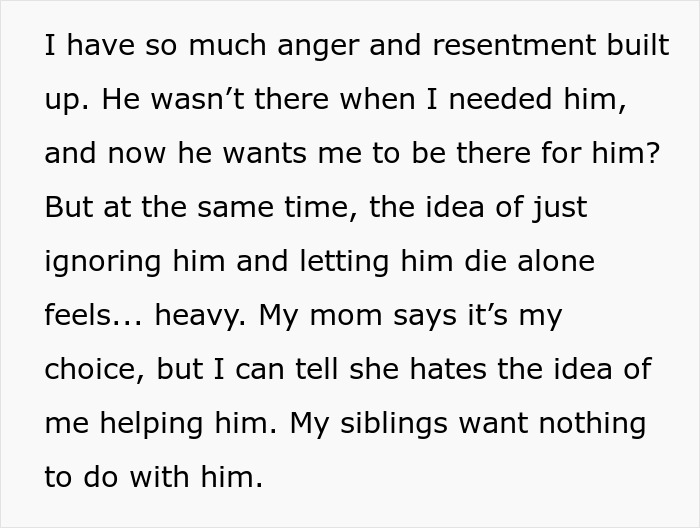 Text discussing emotions about a father who left and now needs care.