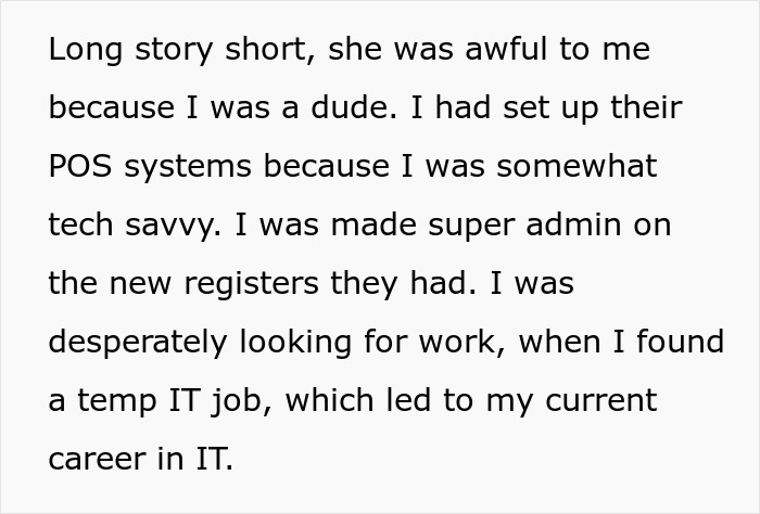 Text describing an experience with a difficult female boss leading to a temporary IT job and a career in IT.