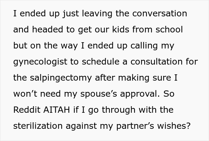 Text about sterilization decision against partner’s wishes, discussing scheduling a gynecologist consultation.