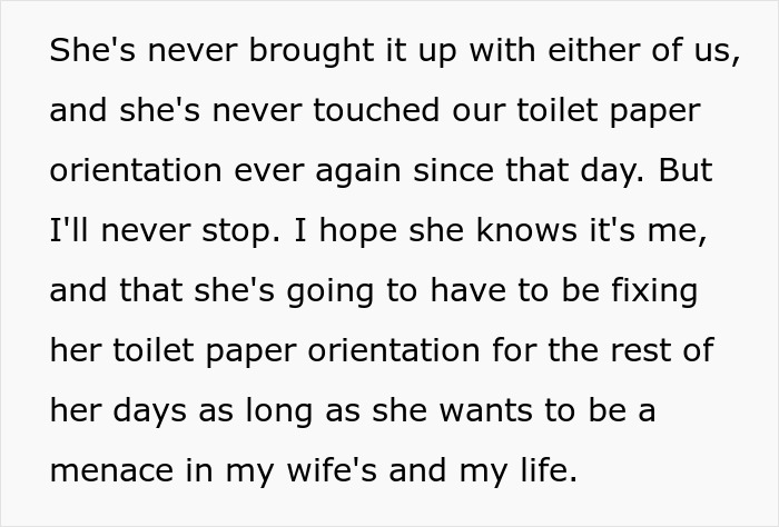 Text recounting husband’s conflict with MIL over toilet paper roll orientation.