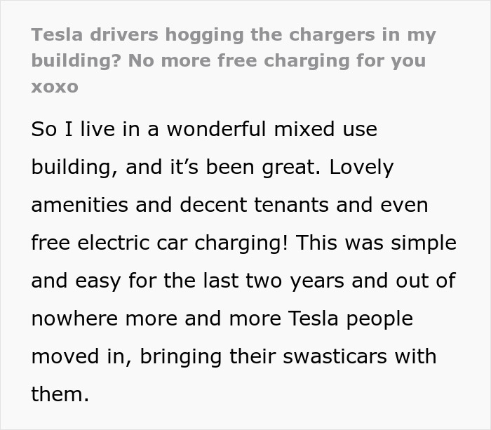 Text discussing Tesla drivers hogging charging stations in a mixed-use building.