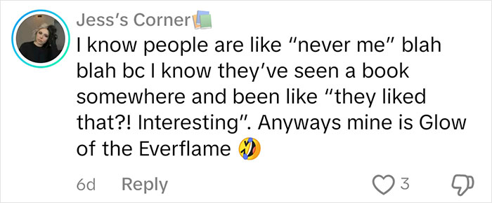 Comment discussing judgments about book choices, specifically "Glow of the Everflame," on a social media post.