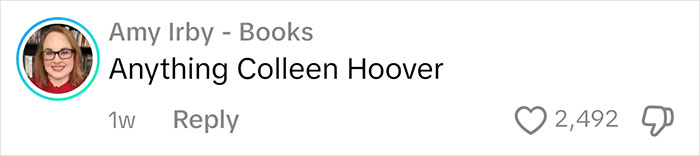 Comment on books judging people with "Anything Colleen Hoover" text and likes count.