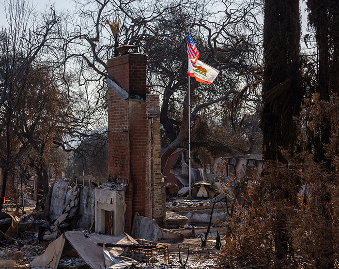 Charred remains after LA fires, with American and Californian flags standing amid debris.