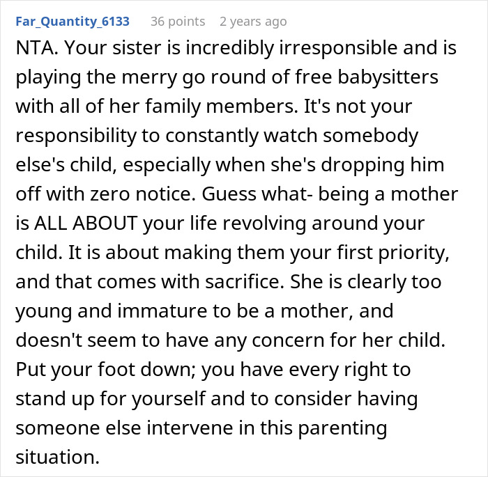 Reddit comment criticizing a 22-year-old&rsquo;s irresponsibility in parenting and using free babysitters.