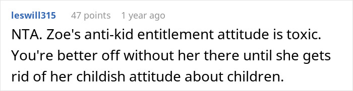 Reddit comment about a childfree friend being upset during a holiday, mentioning toxic attitude toward children.