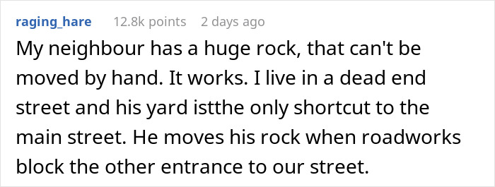 Text about neighbor using an unmovable rock to prevent drivers from using a yard as a shortcut.