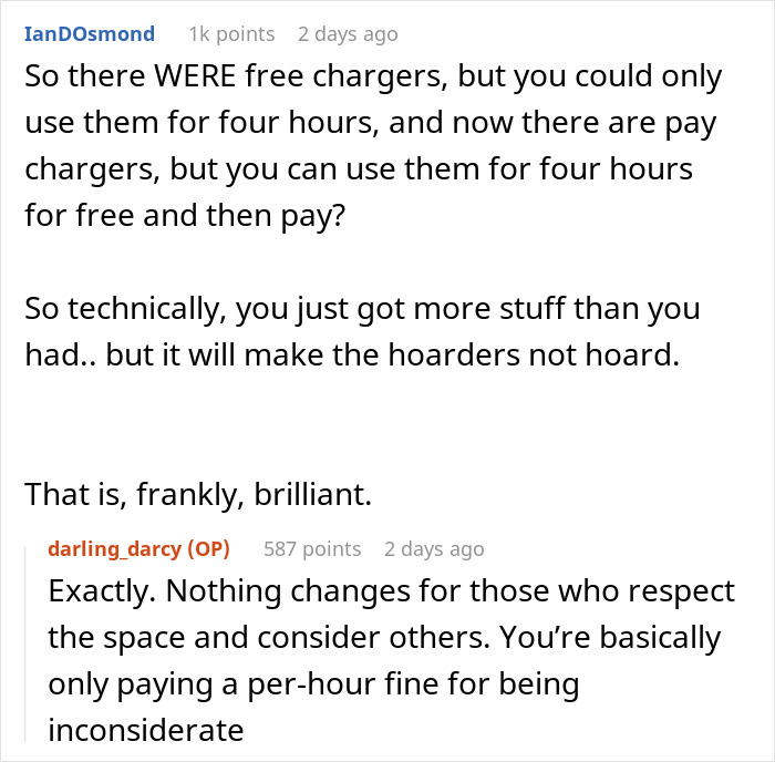 Text conversation about Tesla drivers' expectation of special treatment at charging stations, discussing penalty for inconsiderate use.