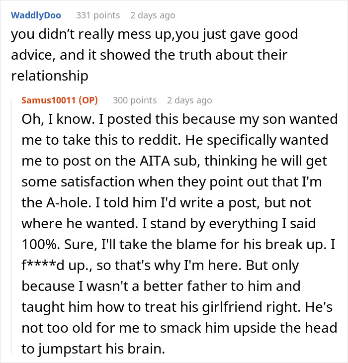 Reddit discussion about a dad's advice revealing truths about sons' relationships.