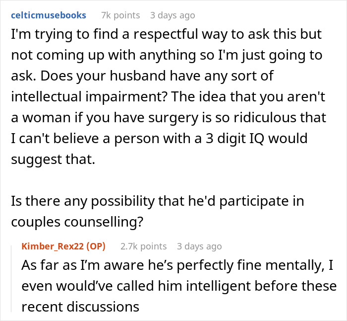 Reddit comments discussing sterilizing against partner&rsquo;s wishes and couples counseling suggestion.