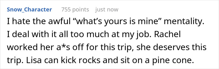 Text from a post criticizing entitlement, mentioning an influencer daughter not deserving a trip.