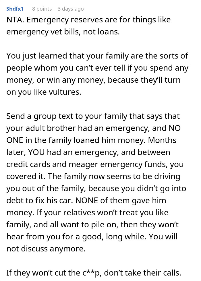 Reddit comment discussing emergency funds, loans, and family dynamics regarding money and priorities.