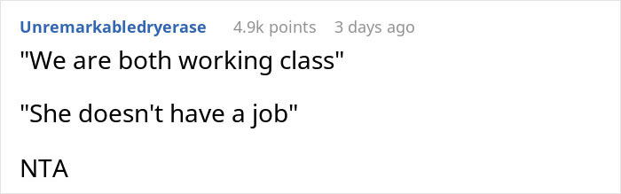 Reddit comment discussing working class and job status regarding canceled wedding over in-laws' behavior.