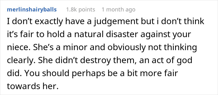 Text comment discussing fairness towards a niece whose dolls were ruined by a hurricane.