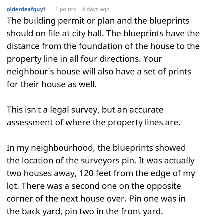 Text describing neighbor's blueprint discussion about property lines and surveyor's pin location.