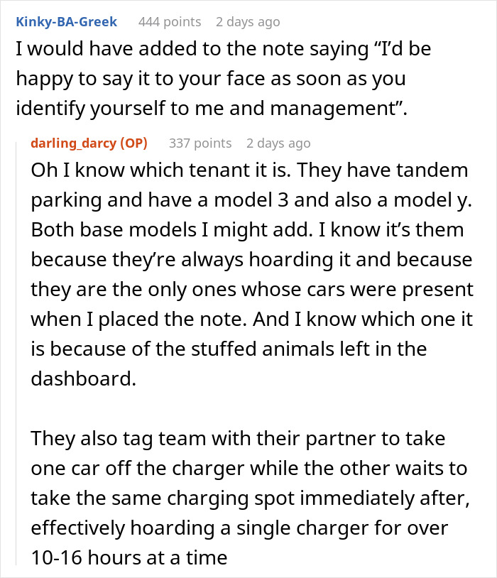 Reddit comments discussing Tesla drivers' behavior at charging stations, highlighting hoarding practices.