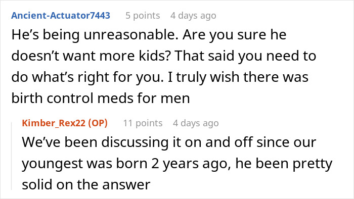 Discussion about sterilization decision against partner&rsquo;s wishes, featuring user comments on birth control choices.