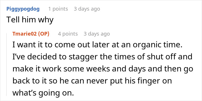 Reddit discussion about a man living with his stepdaughter, involving planning and staggered time adjustments.