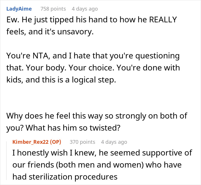 Reddit discussion on sterilizing against partner&rsquo;s wishes, featuring supportive and questioning comments.