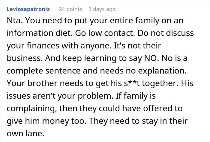 Text comment discussing family dynamics and financial boundaries related to refusing to lend money.