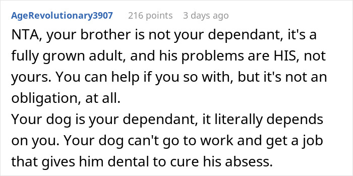 Text from a forum discussing a woman&rsquo;s decision to not lend her brother money, choosing to spend on her dog instead.