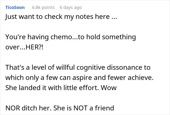 Reddit comment criticizing a friend's reaction to chemo as an excuse for missing a birthday.