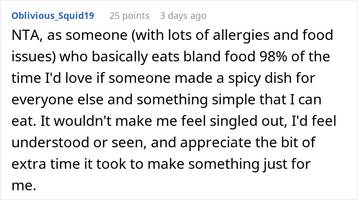 Comment on food preferences and bland meals, mentioning understanding people's dietary needs.