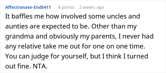 Comment discussing expectations of uncles and aunts, mentioning family involvement and personal experience.