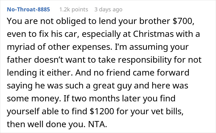 Text from a forum discusses refusing to lend brother $700, mentions spending $1,200 on dog vet bills, and acknowledges no obligation.