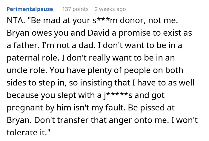 Reddit comment about brother resisting pressure to take on parental role for sister's son.